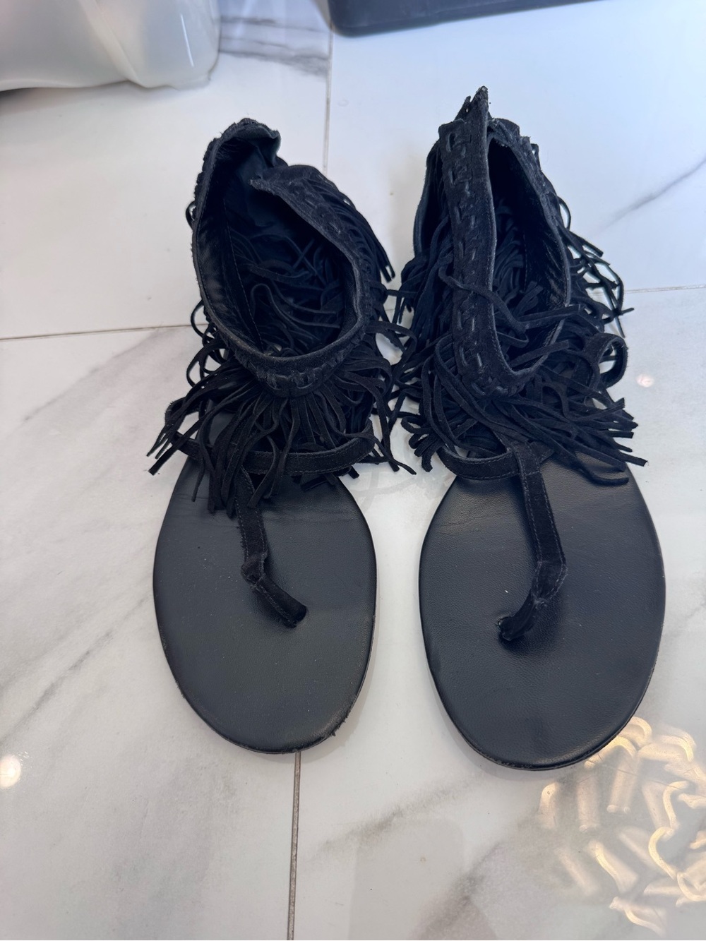 Diane Von Furstenberg Black Fringe Gladiator Sandals